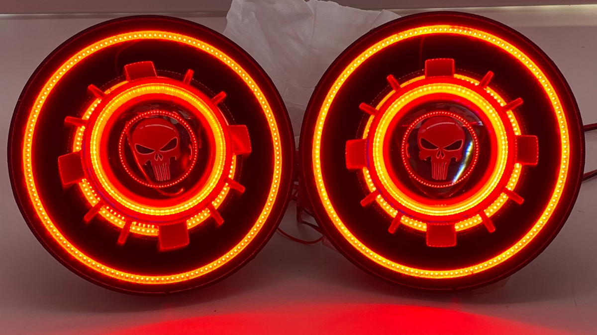 Clearance custom Red and Black Punisher Halo headlights!  7&quot;