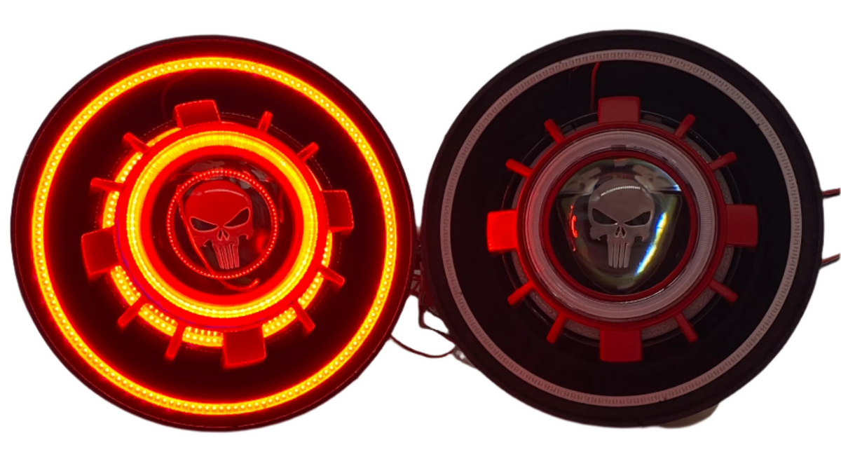 Clearance custom Red and Black Punisher Halo headlights!  7&quot;