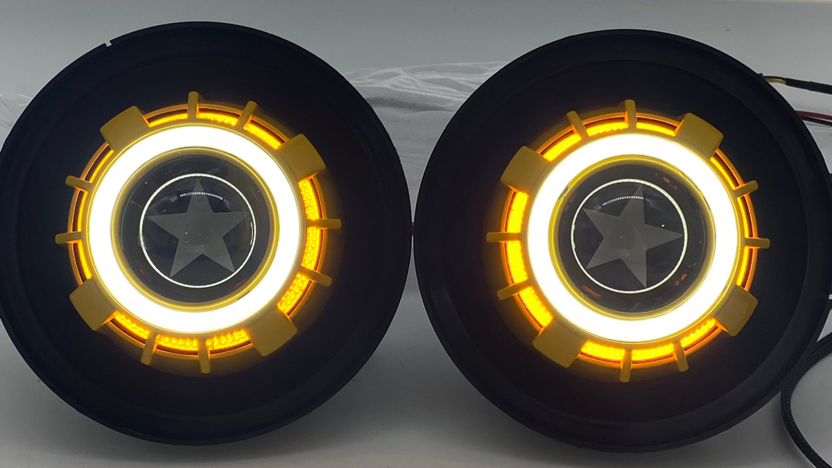 Clearance custom yellow star etched switchback headlights!  7&quot;