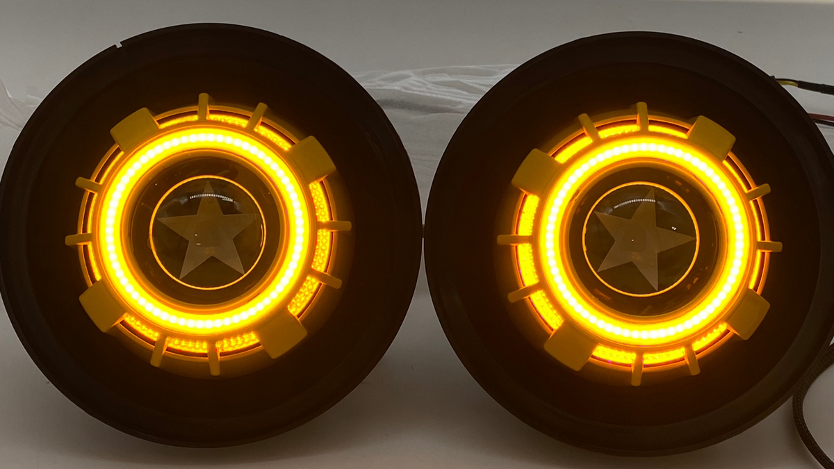 Clearance custom yellow star etched switchback headlights!  7&quot;