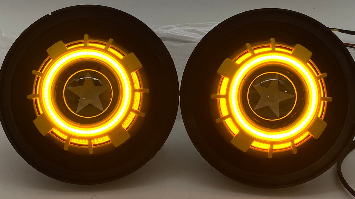 Clearance custom yellow star etched switchback headlights!  7&quot;