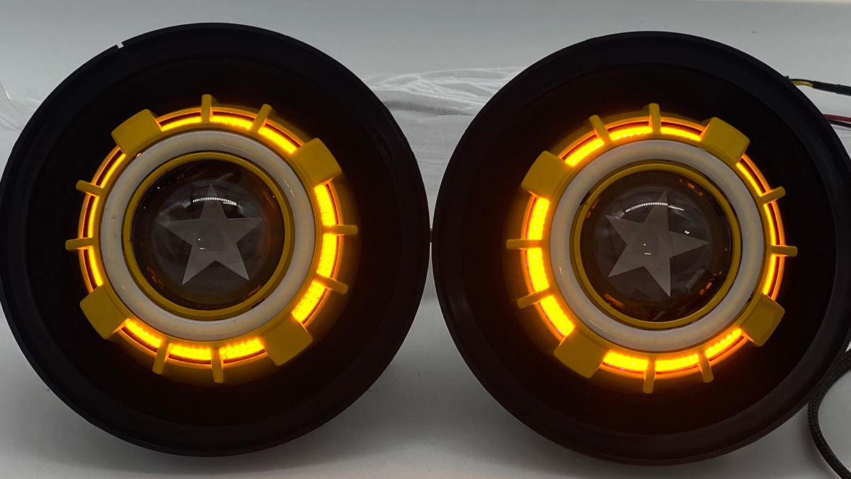 Clearance custom yellow star etched switchback headlights!  7&quot;