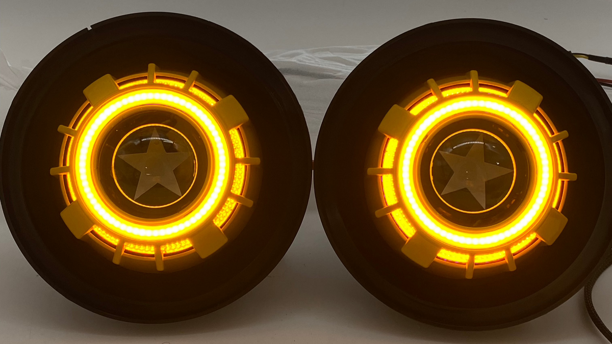 Clearance custom yellow star etched switchback headlights!  7&quot;